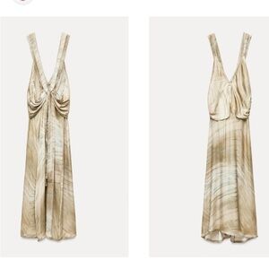 BNWT ZARA tan Deep V satin maxi dress M zebra print sand color flowy boho dress
